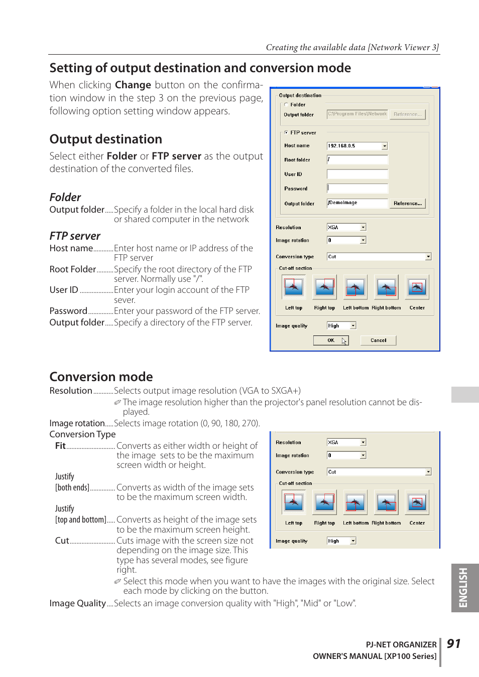 Setting of output destination and conversion mode, Output destination, Conversion mode | Sanyo POA-PN03C User Manual | Page 91 / 124