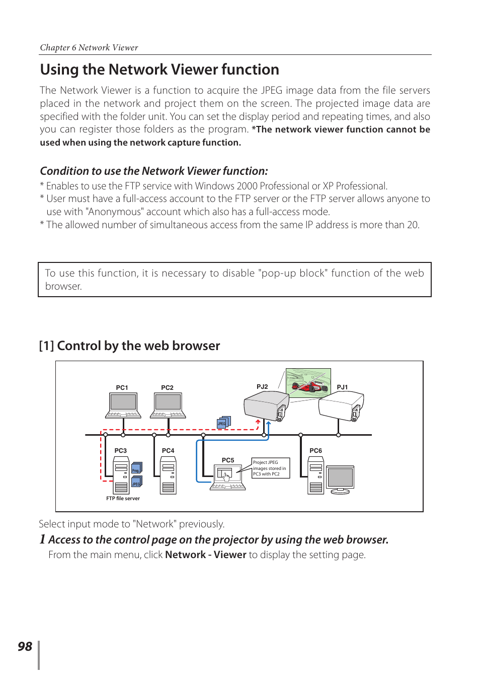 Using the network viewer function, 1] control by the web browser, Condition to use the network viewer function | Select input mode to "network" previously | Sanyo POA-PN03C User Manual | Page 98 / 124