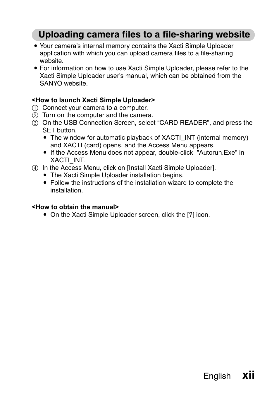 Uploading camera files to a file-sharing website, English | Sanyo DUAL CAMERA VPC-PD1TA User Manual | Page 13 / 64