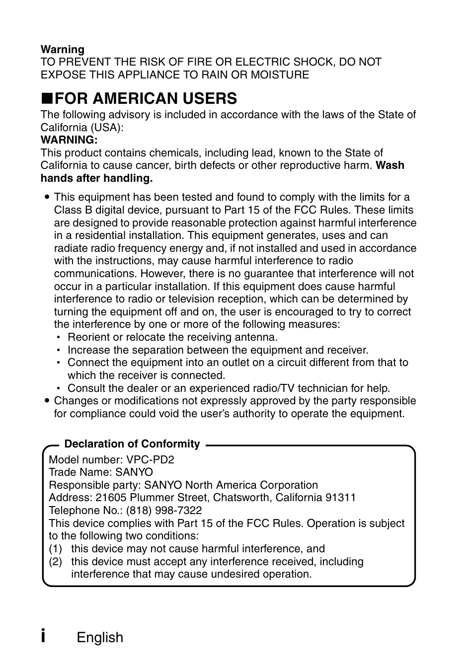 K for american users, English | Sanyo DUAL CAMERA VPC-PD1TA User Manual | Page 2 / 64