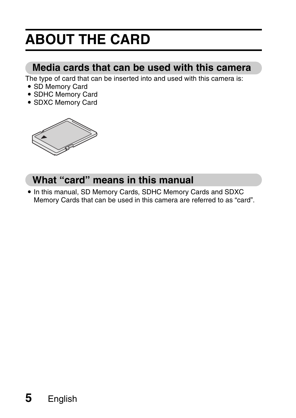 About the card, Media cards that can be used with this camera, What “card” means in this manual | Sanyo DUAL CAMERA VPC-PD1TA User Manual | Page 20 / 64
