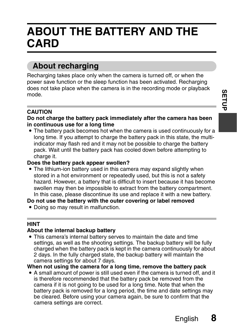 About the battery and the card, About recharging, English | Sanyo DUAL CAMERA VPC-PD1TA User Manual | Page 23 / 64