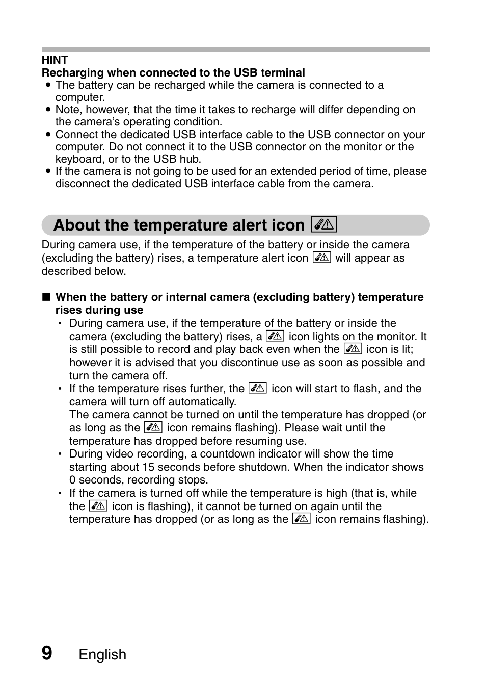 About the temperature alert icon, English | Sanyo DUAL CAMERA VPC-PD1TA User Manual | Page 24 / 64