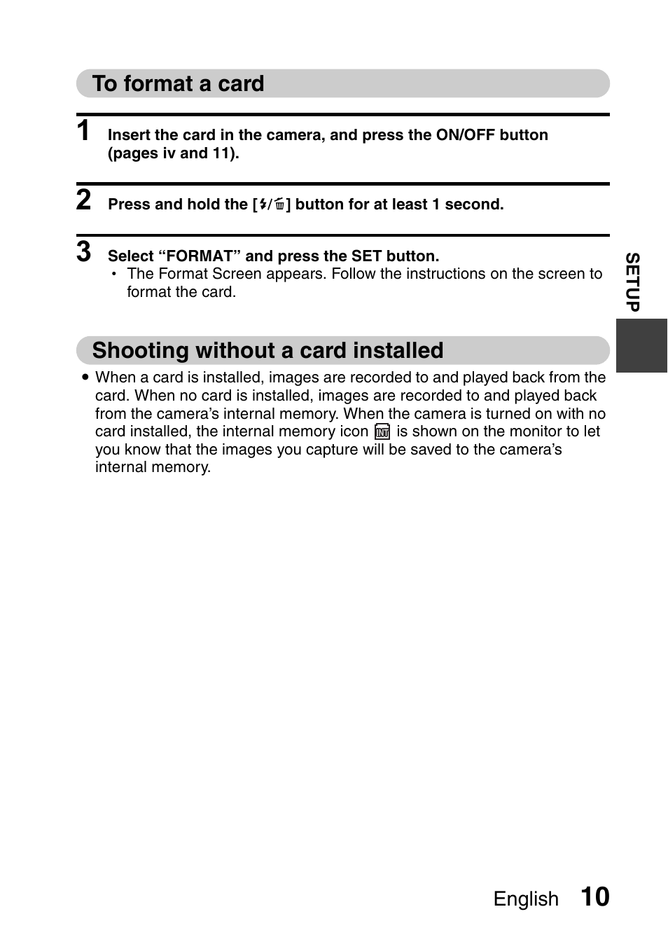 To format a card, Shooting without a card installed, To format a card shooting without a card installed | Sanyo DUAL CAMERA VPC-PD1TA User Manual | Page 25 / 64