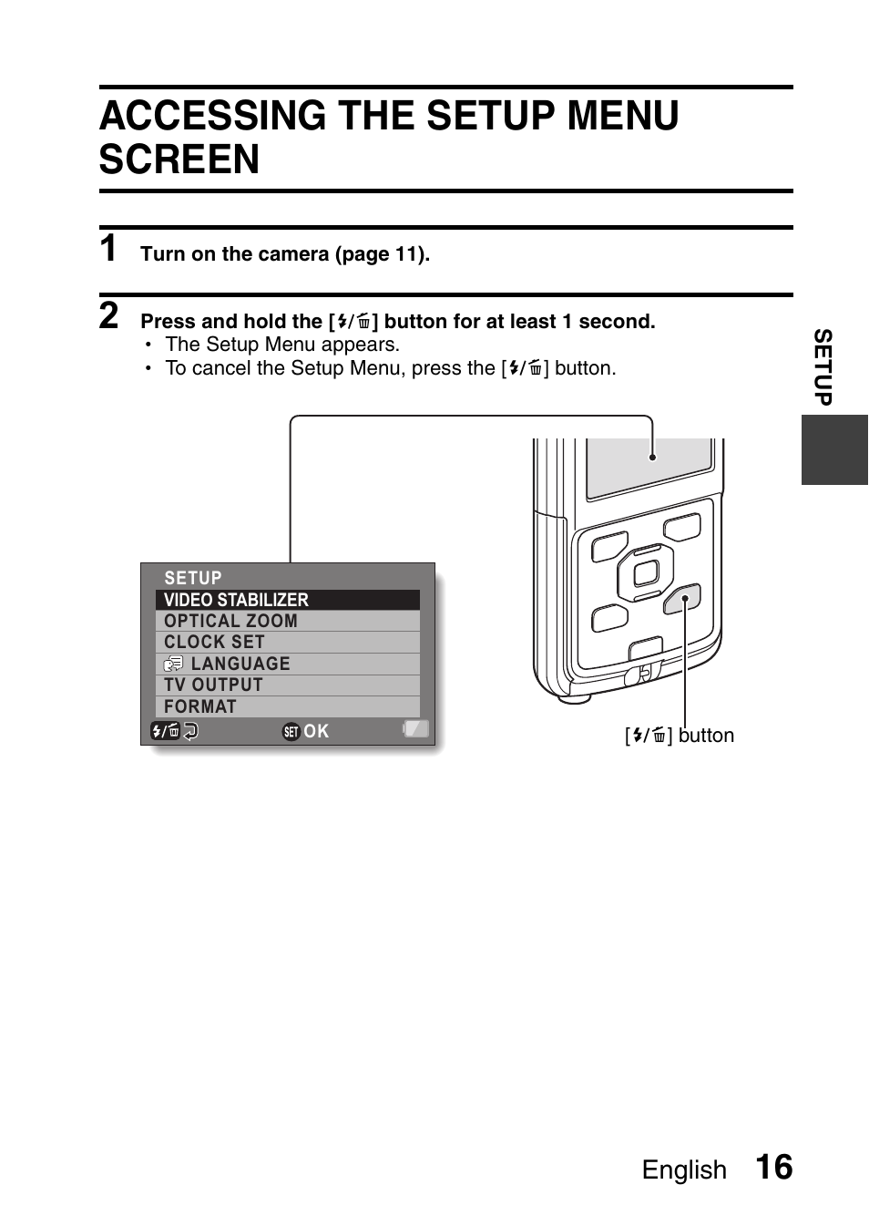 Accessing the setup menu screen, English | Sanyo DUAL CAMERA VPC-PD1TA User Manual | Page 31 / 64