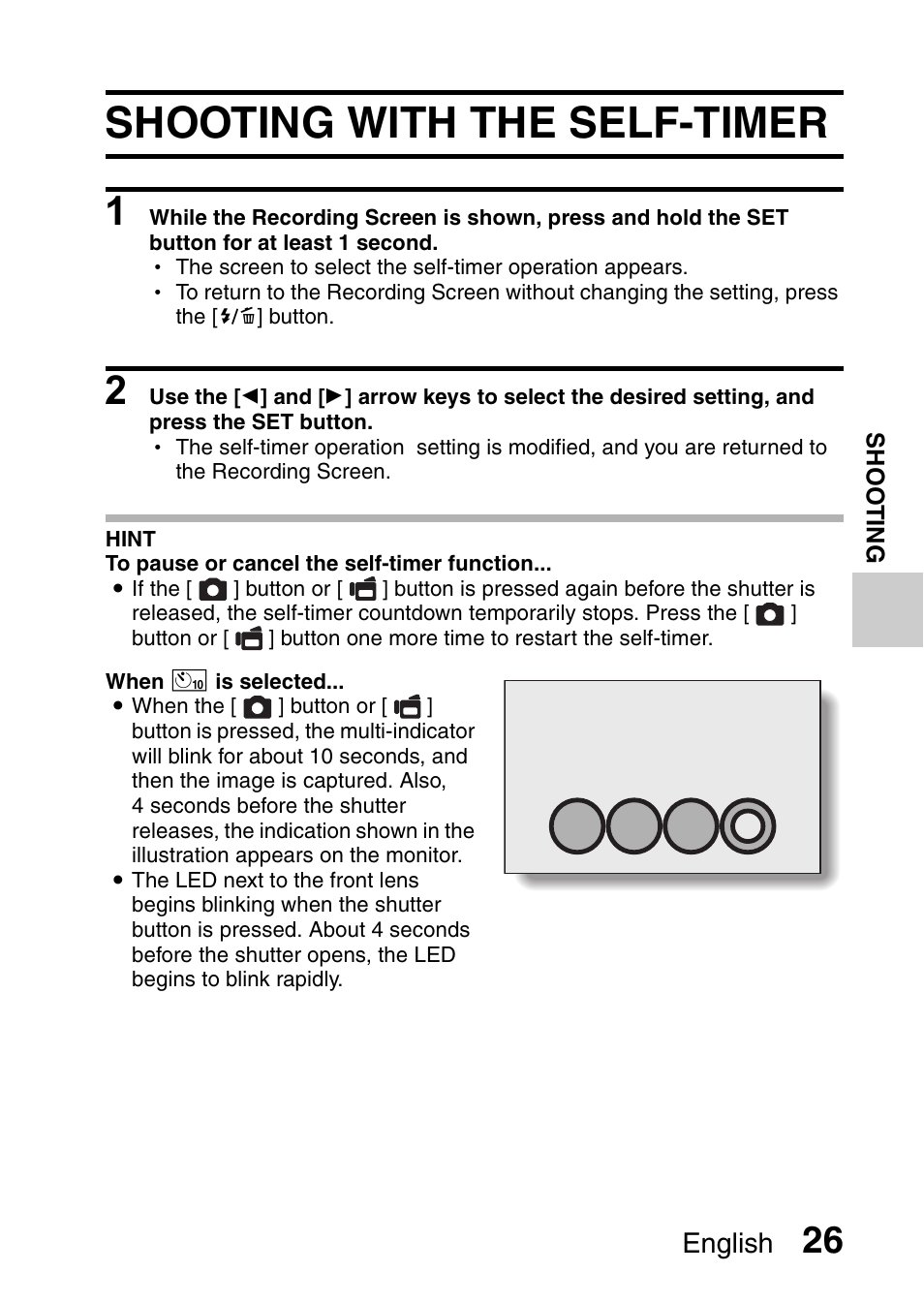 Shooting with the self-timer, English | Sanyo DUAL CAMERA VPC-PD1TA User Manual | Page 41 / 64