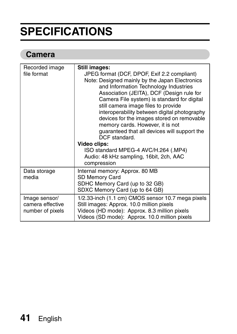 Specifications, Camera | Sanyo DUAL CAMERA VPC-PD1TA User Manual | Page 56 / 64