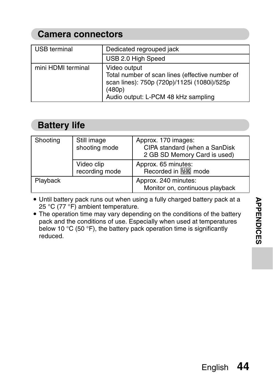 Camera connectors, Battery life, Camera connectors battery life | English | Sanyo DUAL CAMERA VPC-PD1TA User Manual | Page 59 / 64