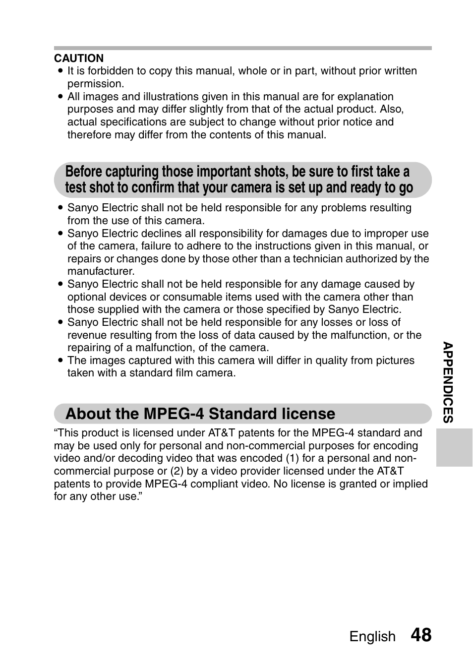 About the mpeg-4 standard license, Before capturing those important shots, be sure to, English | Sanyo DUAL CAMERA VPC-PD1TA User Manual | Page 63 / 64