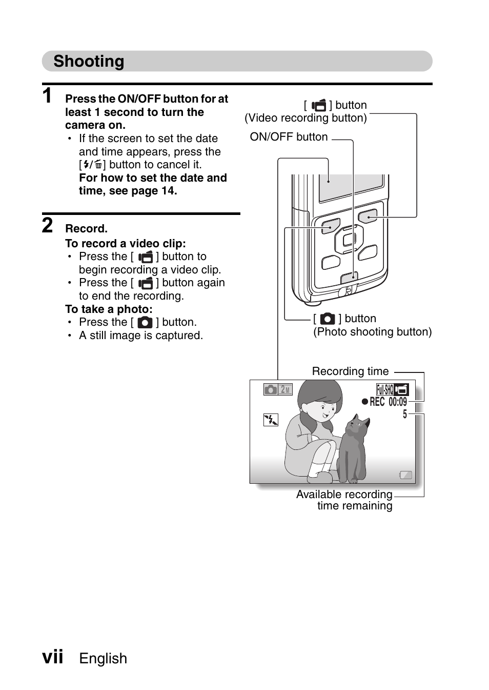 Shooting, English | Sanyo DUAL CAMERA VPC-PD1TA User Manual | Page 8 / 64