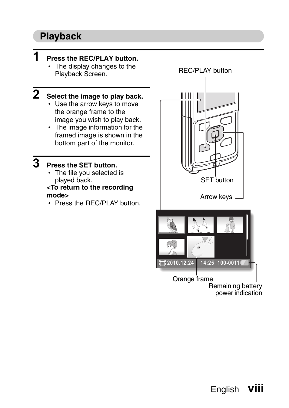 Viii, Playback | Sanyo DUAL CAMERA VPC-PD1TA User Manual | Page 9 / 64