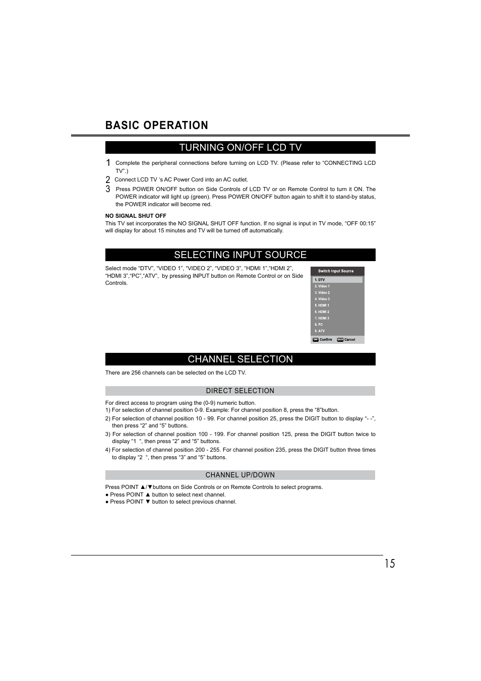 15 basic operation, Turning on/off lcd tv 1, Selecting input source | Channel selection | Sanyo LCD-42E30FA User Manual | Page 15 / 47