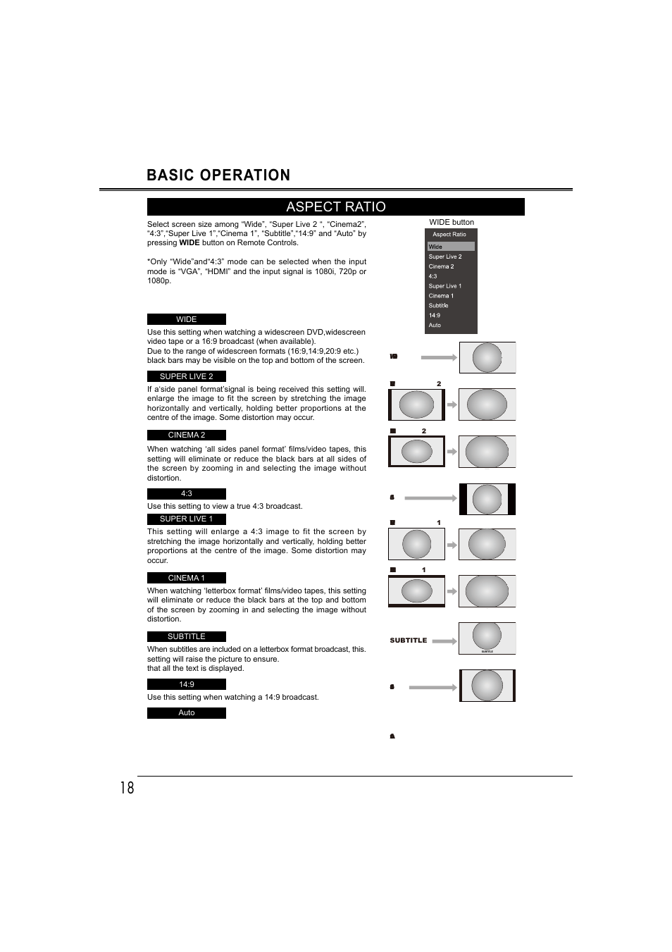Basic operation, Aspect ratio | Sanyo LCD-42E30FA User Manual | Page 18 / 47
