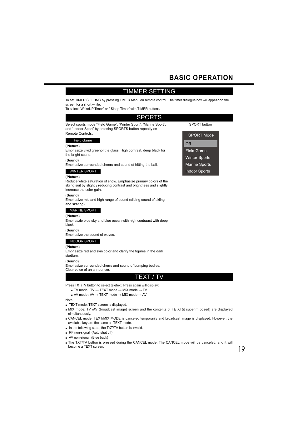Basic operation, Timmer setting, Sports | Text / tv | Sanyo LCD-42E30FA User Manual | Page 19 / 47