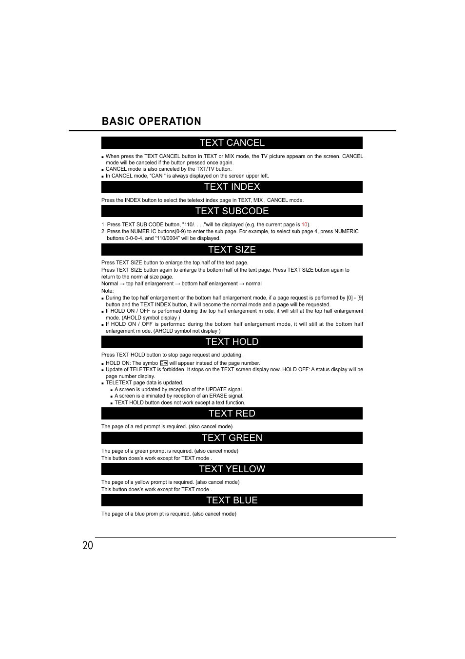 Basic operation, Text cancel, Text index | Text subcode, Text size, Text hold, Text red, Text green, Text yellow, Text blue | Sanyo LCD-42E30FA User Manual | Page 20 / 47