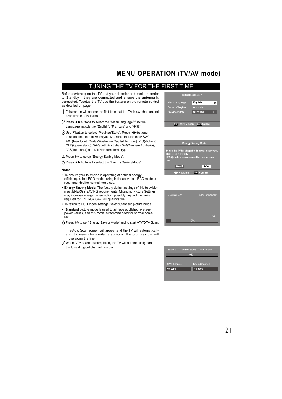 Menu operation (tv/av mode), Tuning the tv for the first time | Sanyo LCD-42E30FA User Manual | Page 21 / 47