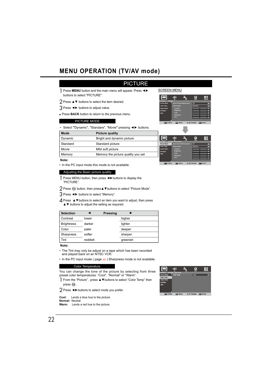 22 menu operation (tv/av mode), Picture | Sanyo LCD-42E30FA User Manual | Page 22 / 47