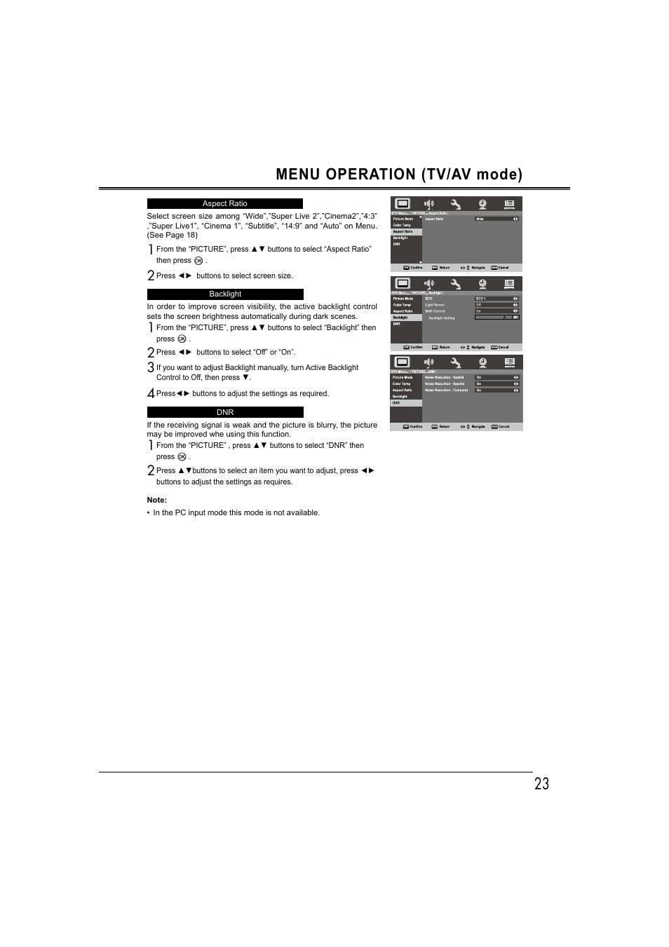 23 menu operation (tv/av mode) | Sanyo LCD-42E30FA User Manual | Page 23 / 47