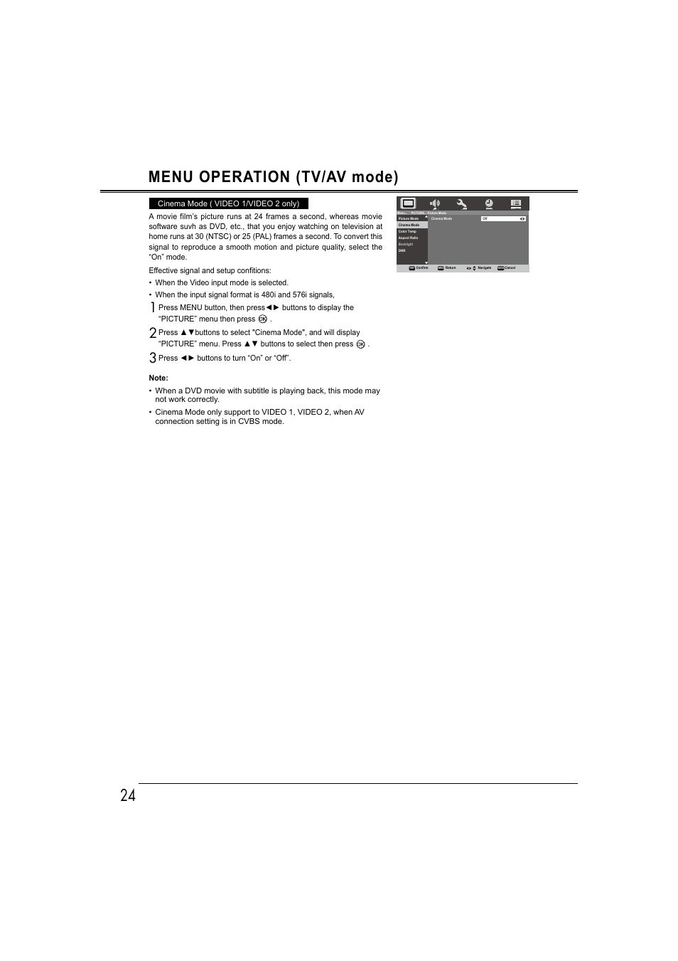 24 menu operation (tv/av mode) | Sanyo LCD-42E30FA User Manual | Page 24 / 47
