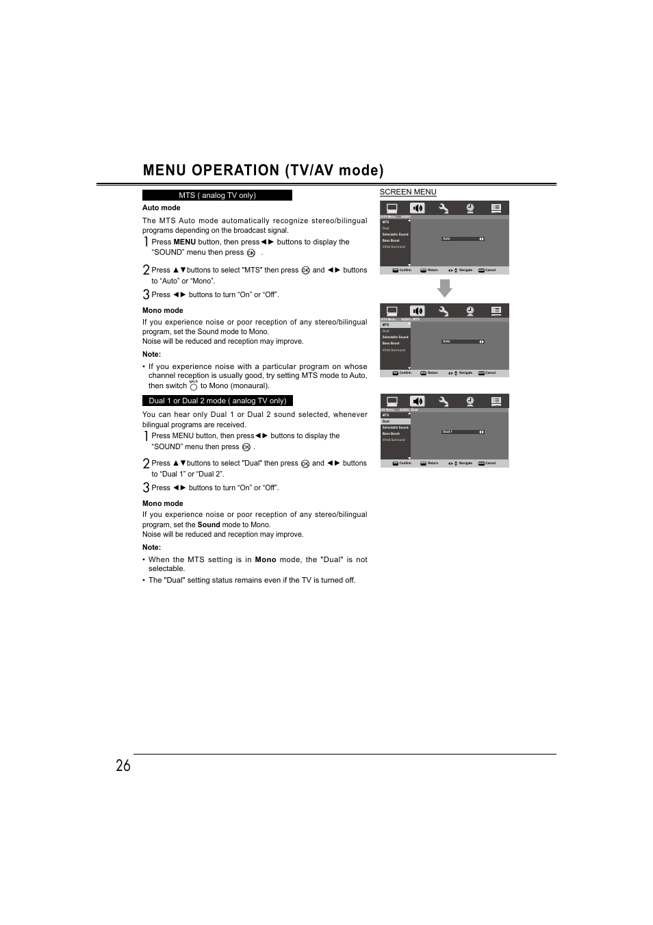 26 menu operation (tv/av mode), Screen menu | Sanyo LCD-42E30FA User Manual | Page 26 / 47