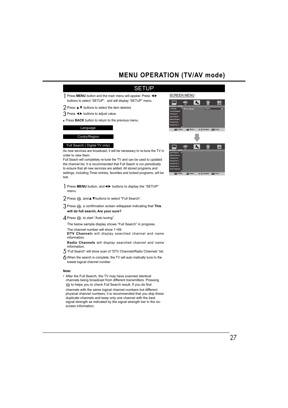 27 menu operation (tv/av mode), Setup | Sanyo LCD-42E30FA User Manual | Page 27 / 47