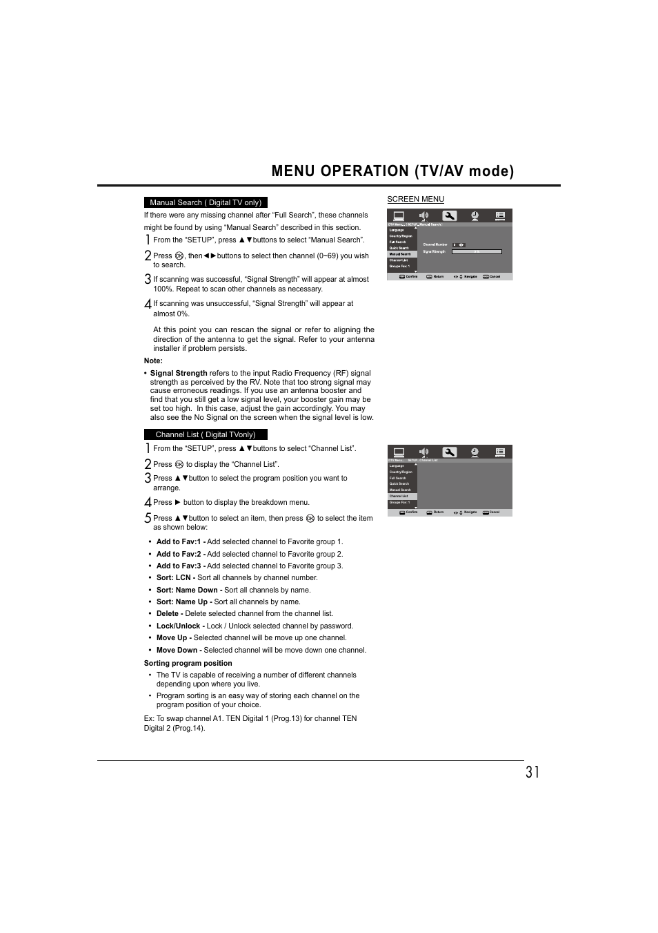Menu operation (tv/av mode) | Sanyo LCD-42E30FA User Manual | Page 31 / 47