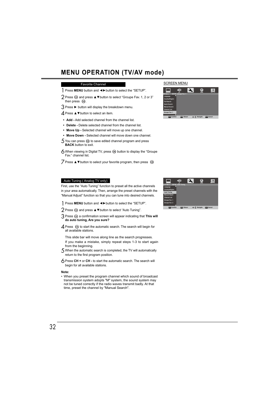 Menu operation (tv/av mode) | Sanyo LCD-42E30FA User Manual | Page 32 / 47