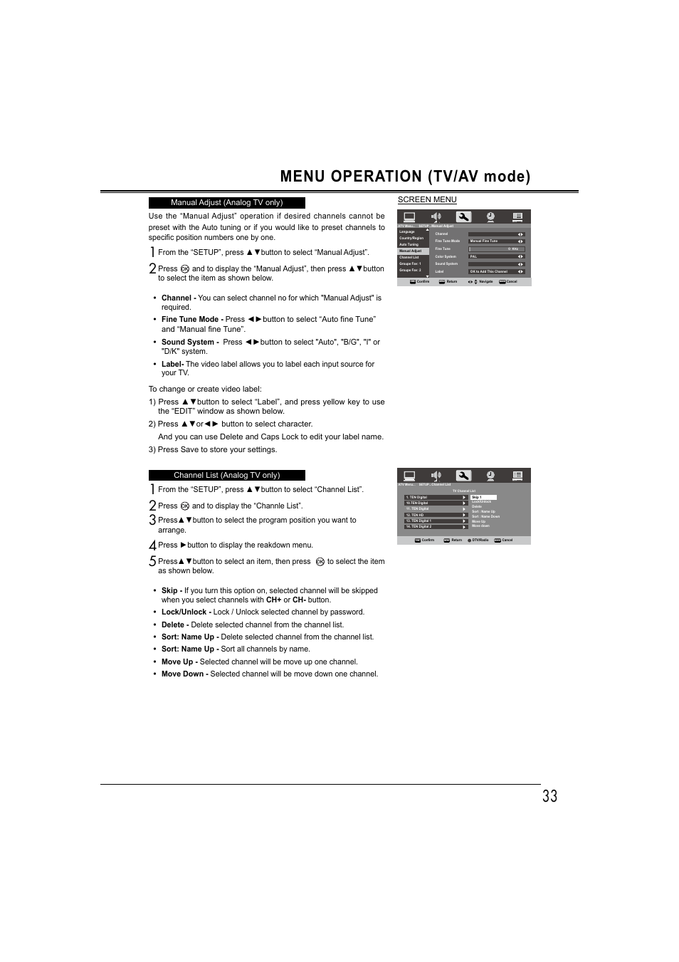 Menu operation (tv/av mode) | Sanyo LCD-42E30FA User Manual | Page 33 / 47