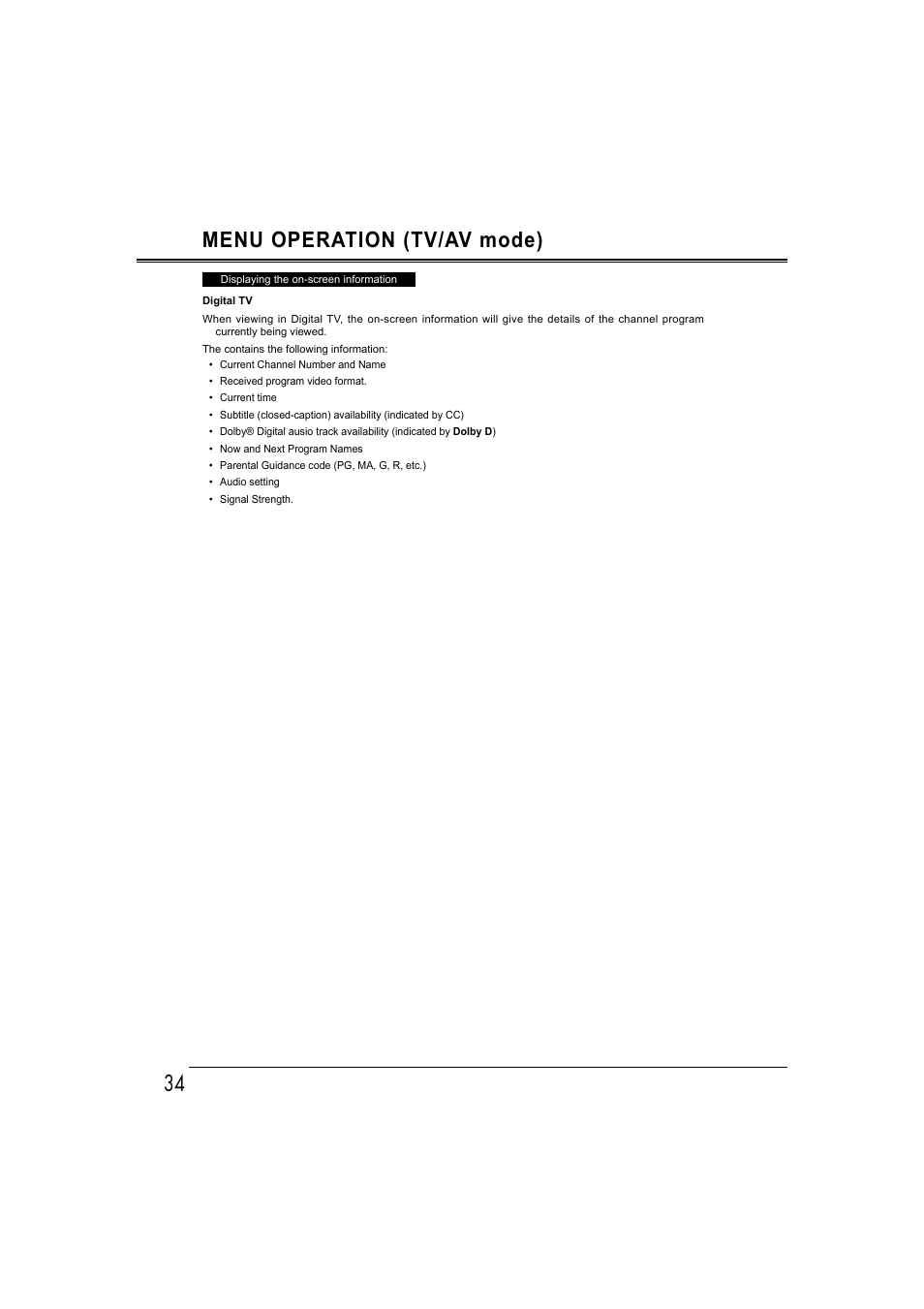 Menu operation (tv/av mode) | Sanyo LCD-42E30FA User Manual | Page 34 / 47