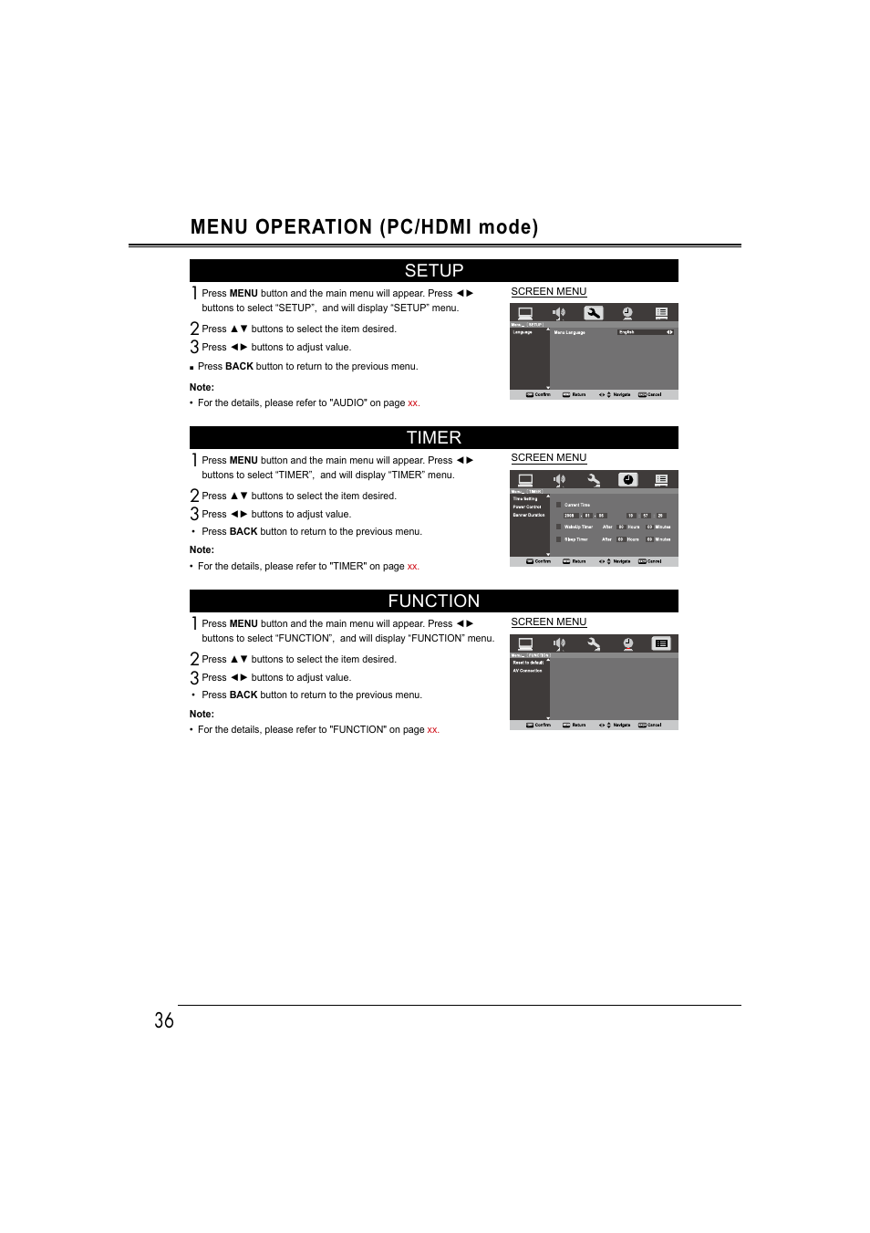 Menu operation (pc/hdmi mode), Setup, Timer | Function | Sanyo LCD-42E30FA User Manual | Page 36 / 47