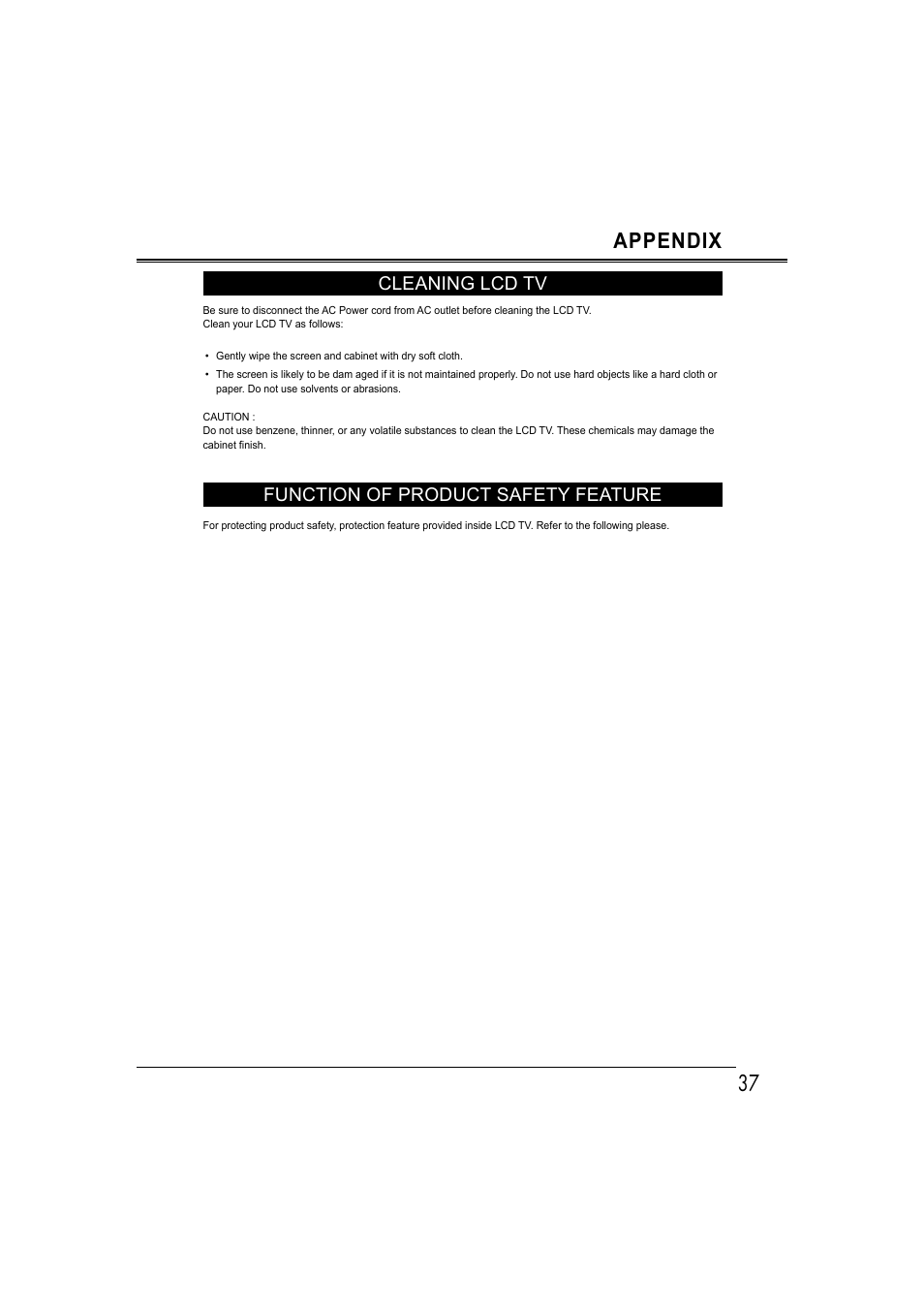 37 appendix, Cleaning lcd tv, Function of product safety feature | Sanyo LCD-42E30FA User Manual | Page 37 / 47