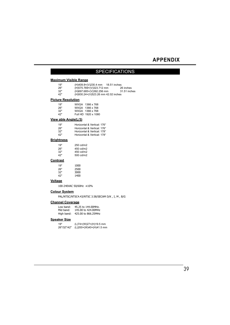 39 appendix, Specifications | Sanyo LCD-42E30FA User Manual | Page 39 / 47