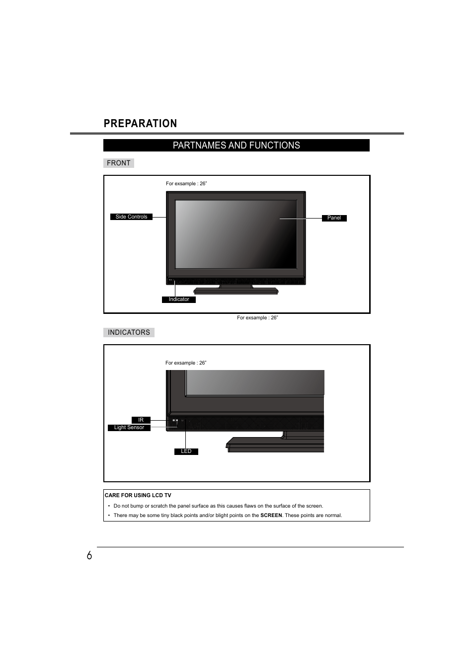 6preparation, Partnames and functions | Sanyo LCD-42E30FA User Manual | Page 6 / 47