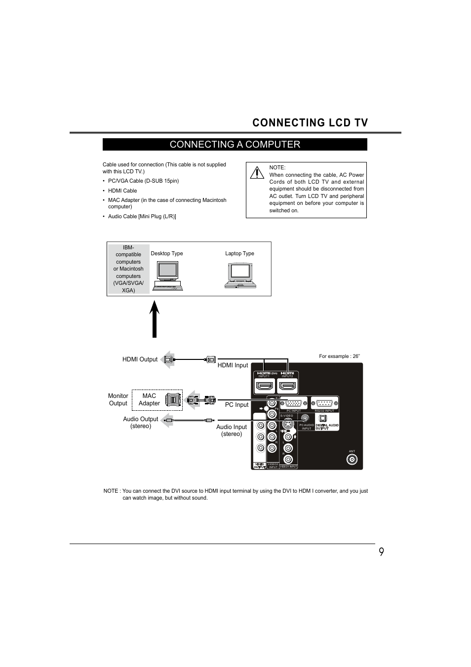 9connecting lcd tv, Connecting a computer | Sanyo LCD-42E30FA User Manual | Page 9 / 47