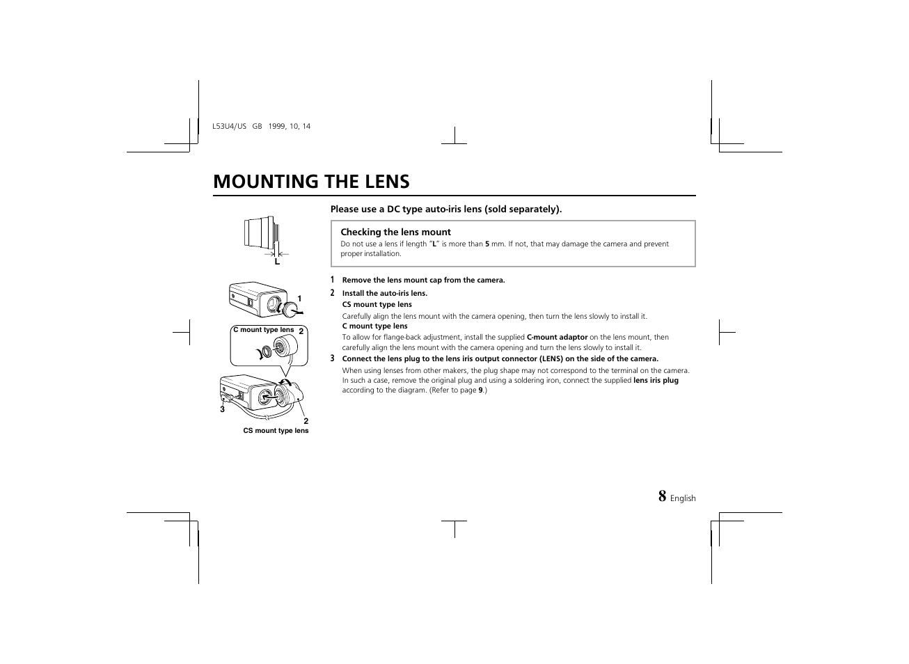 Mounting the lens | Sanyo VCC-4374 User Manual | Page 10 / 19