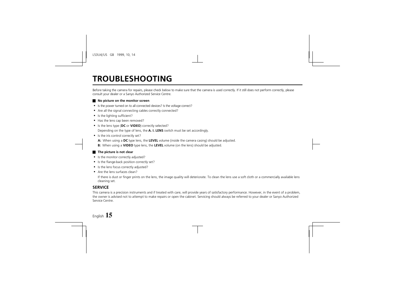 Troubleshooting | Sanyo VCC-4374 User Manual | Page 17 / 19
