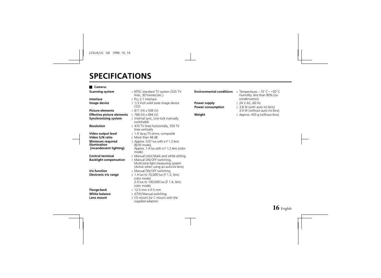 Specifications | Sanyo VCC-4374 User Manual | Page 18 / 19