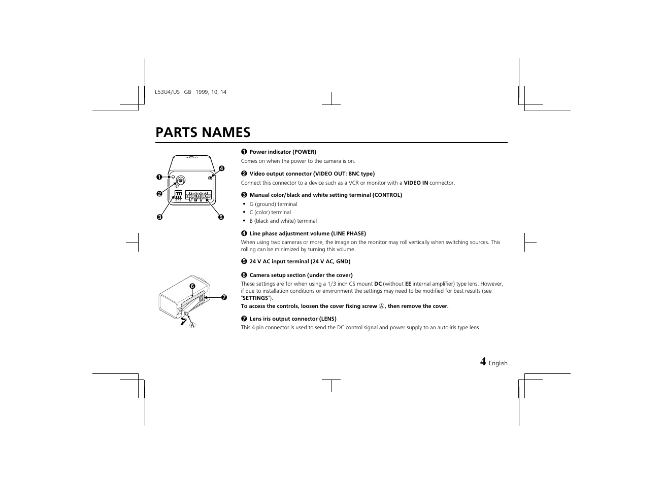 Parts names | Sanyo VCC-4374 User Manual | Page 6 / 19