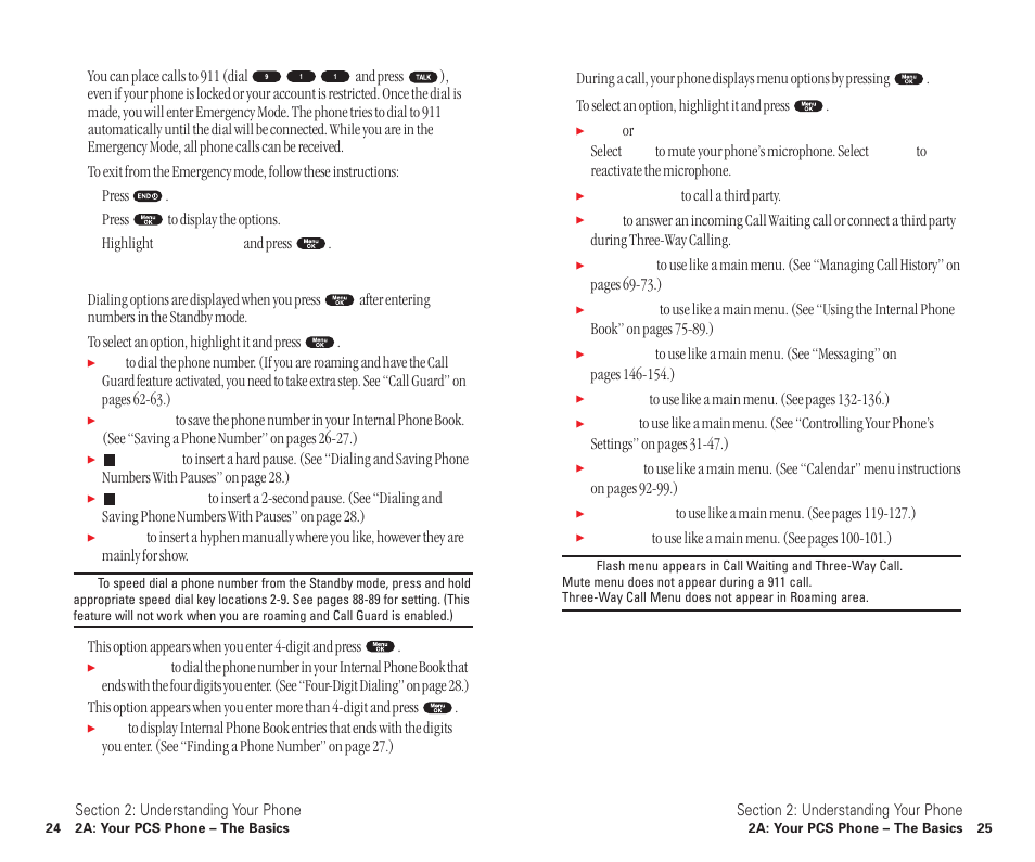 Calling emergency numbers, Dialing options, In-call options | Sanyo SCP-6400 User Manual | Page 18 / 100