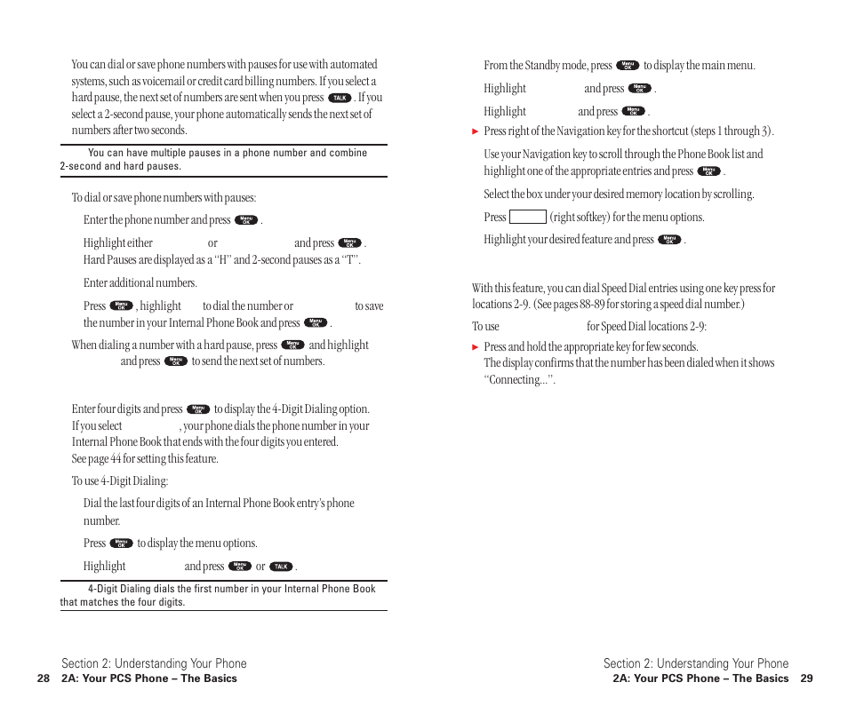 Dialing and saving phone numbers with pauses, Four-digit dialing, Dialing from the internal phone book | Using one-touch speed dialing | Sanyo SCP-6400 User Manual | Page 20 / 100