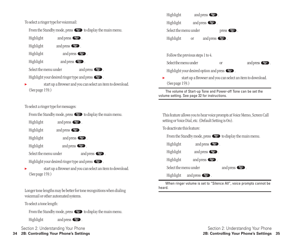 Selecting ringer types for voicemail, Selecting ringer types for messages, Selecting a tone length | Setting a start-up/power-off tone, Using voice prompt | Sanyo SCP-6400 User Manual | Page 23 / 100