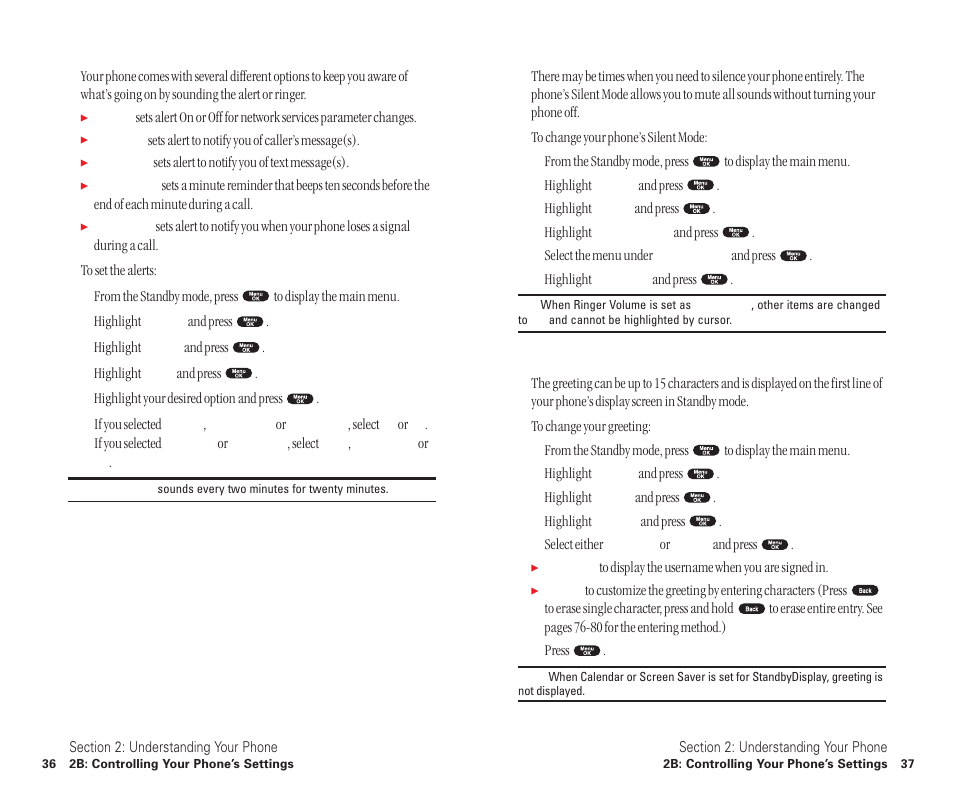 Alert notification, Silent mode, Changing the greeting | Sanyo SCP-6400 User Manual | Page 24 / 100