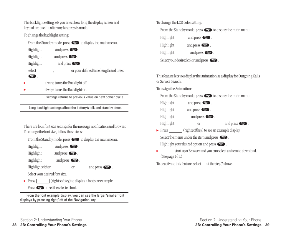 Changing the backlight time length, Setting font size, Changing the lcd color | Changing the display screen | Sanyo SCP-6400 User Manual | Page 25 / 100