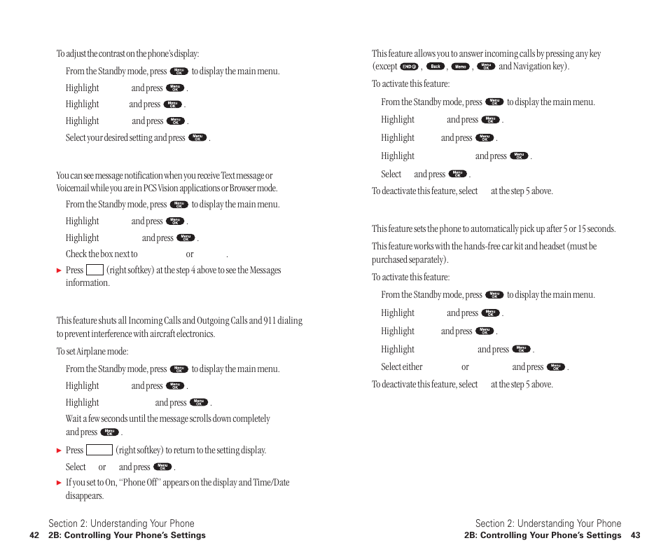 Changing the contrast, Setting message notification, Setting airplane mode | Setting any key answer, Setting auto answer | Sanyo SCP-6400 User Manual | Page 27 / 100