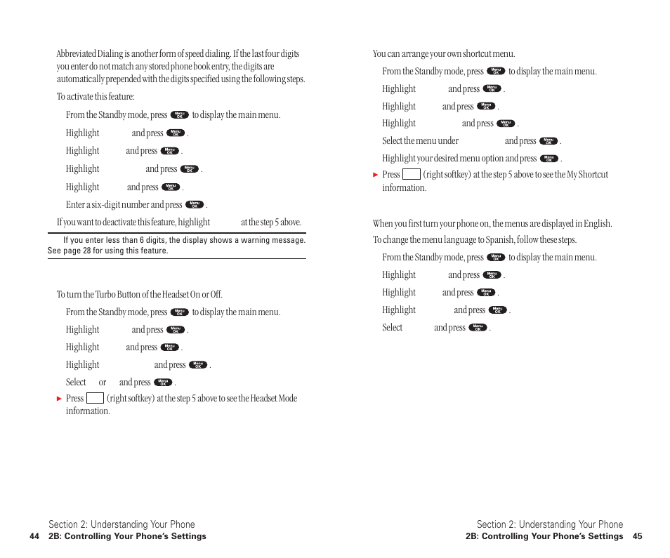 Abbreviated dialing, Setting headset mode, Setting my shortcut | Changing the menu language | Sanyo SCP-6400 User Manual | Page 28 / 100