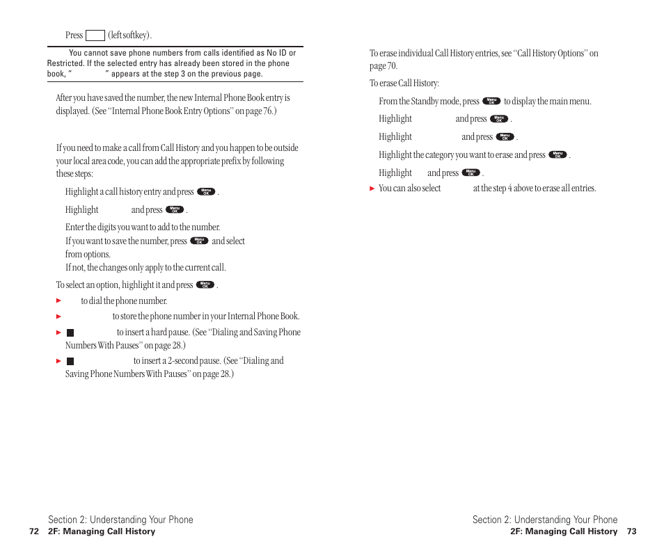 Prepending a phone number from call history, Erasing call history | Sanyo SCP-6400 User Manual | Page 42 / 100
