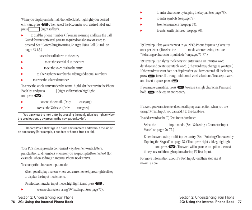 Internal phone book entry options, Selecting a character input mode, Entering characters using t9 text input | Adding a word to the t9 database | Sanyo SCP-6400 User Manual | Page 44 / 100