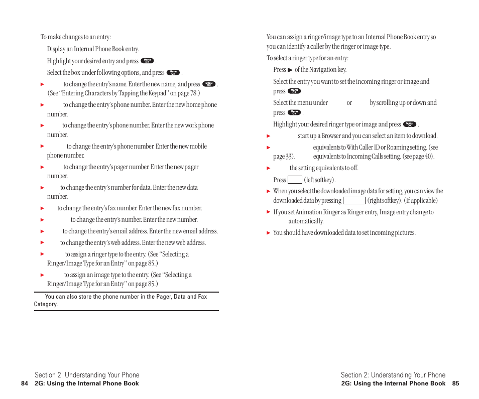 Editing an internal phone book entry, Selecting a ringer/image type for an entry | Sanyo SCP-6400 User Manual | Page 48 / 100