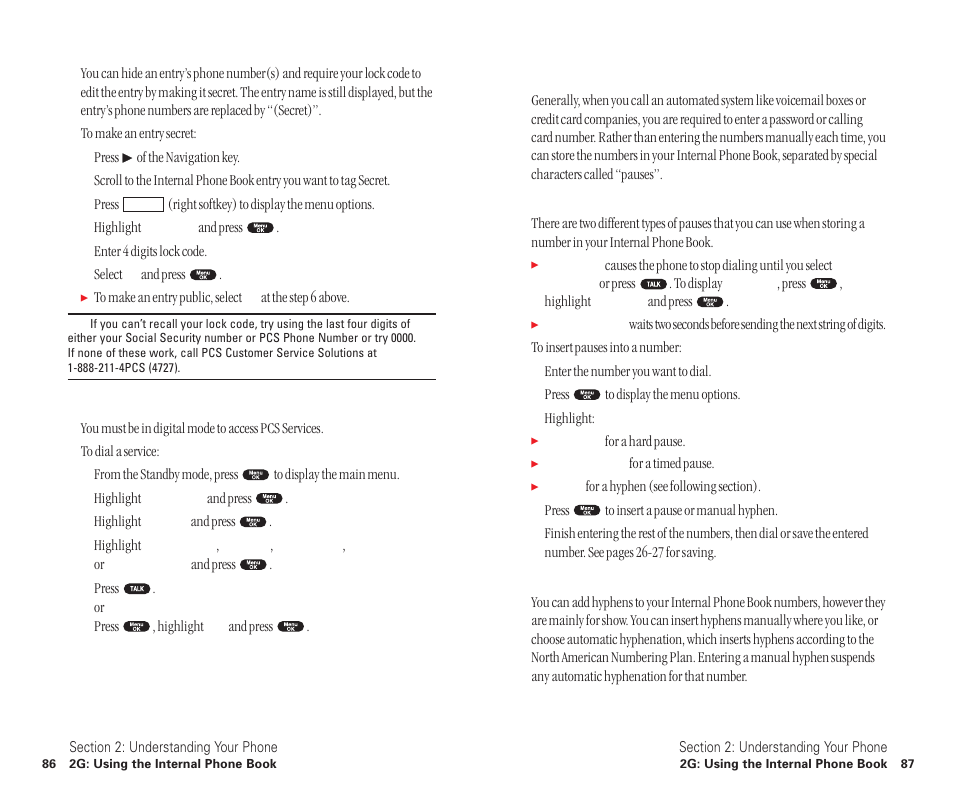 Secret internal phone book entries, Dialing pcs services, Storing special numbers in the phone book | Sanyo SCP-6400 User Manual | Page 49 / 100