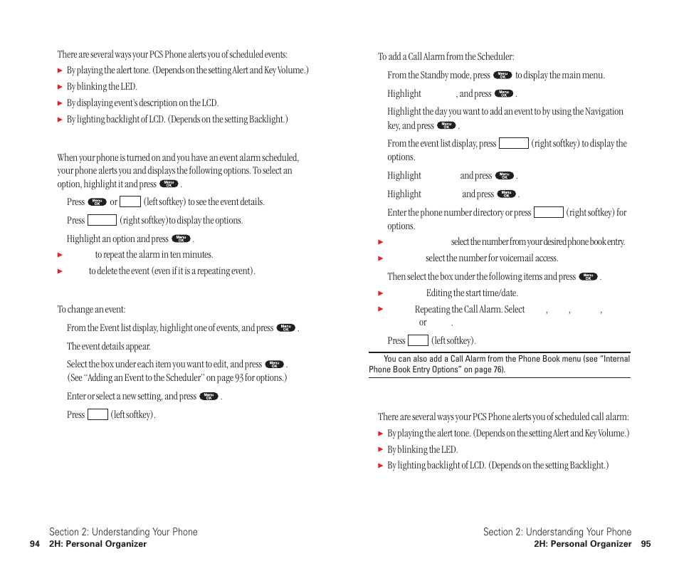 Event alerts, Event alert menu, Editing events options | Adding a call alarm to the scheduler, Call alarm alerts | Sanyo SCP-6400 User Manual | Page 53 / 100